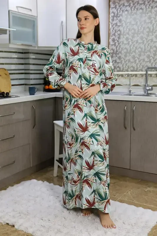 Akbeniz Women's Long Sleeve Knitted Nightgown Home Dress Green 25500 - 3