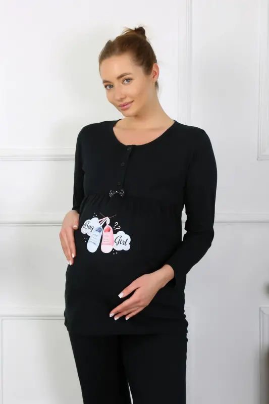 Akbeniz Women's Long Sleeve Maternity and Postpartum Pajama Set Black 45501 - 3