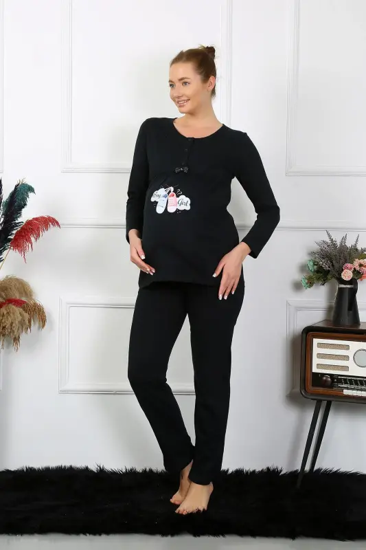 Akbeniz Women's Long Sleeve Maternity and Postpartum Pajama Set Black 45501 - 5