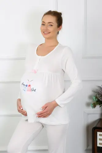Akbeniz Women's Long Sleeve Maternity Pajama Set Ecru 45501 - 4