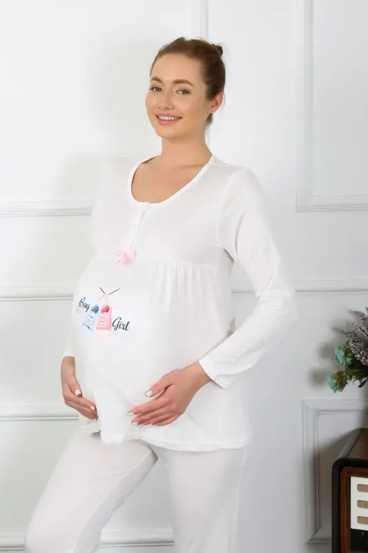 Akbeniz Women's Long Sleeve Maternity Pajama Set Ecru 45501 - 4