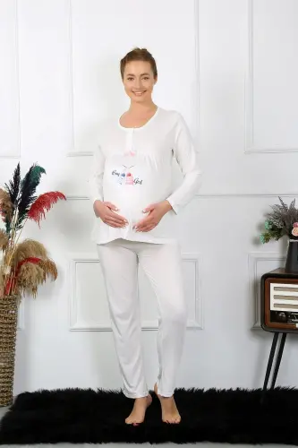 Akbeniz Women's Long Sleeve Maternity Pajama Set Ecru 45501 - 5