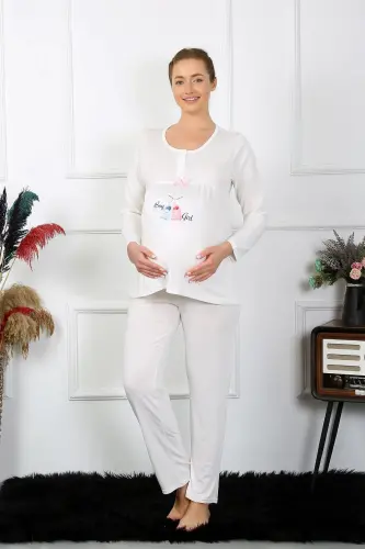 Akbeniz Women's Long Sleeve Maternity Pajama Set Ecru 45501 - 6