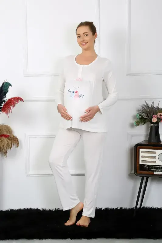 Akbeniz Women's Long Sleeve Maternity Pajama Set Ecru 45501 - 1