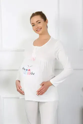 Akbeniz Women's Long Sleeve Maternity Pajama Set Ecru 45501 - 2