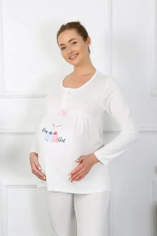 Akbeniz Women's Long Sleeve Maternity Pajama Set Ecru 45501 - 2