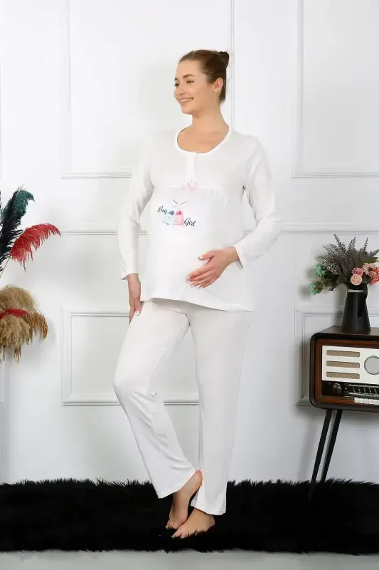 Akbeniz Women's Long Sleeve Maternity Pajama Set Ecru 45501 - 3