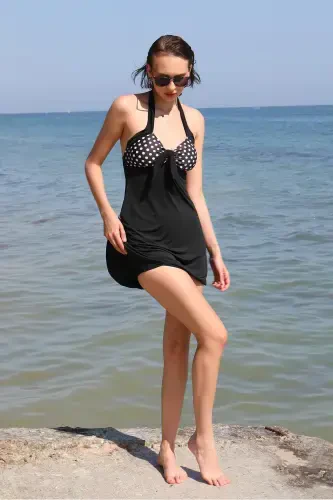 Akbeniz Women's Lycra Shorts Swimsuit Dress with Bow Black 37021 - 2