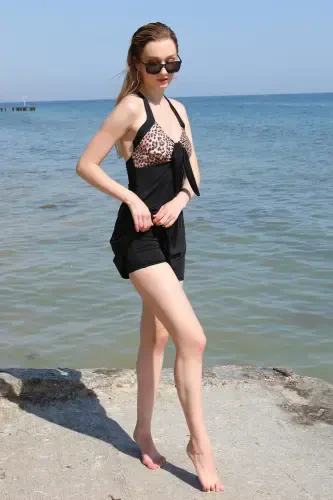 Akbeniz Women's Lycra Shorts Swimsuit Dress With Bow Black 37023 - 3