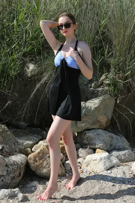 Akbeniz Women's Lycra Shorts Swimsuit Dress with Bow Blue 37022 - 3