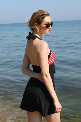 Akbeniz Women's Lycra Shorts Swimsuit Dress with Bow Red 37021 - 5