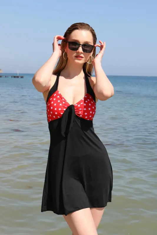 Akbeniz Women's Lycra Shorts with Bow Dress Swimsuit Red 37020 - 7
