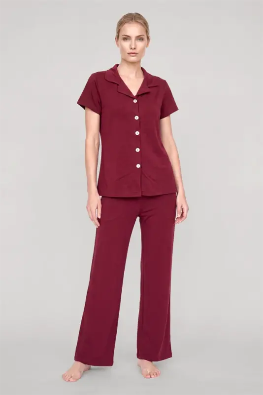 Akbeniz Women's Maroon Classic Shirt Collar Pajama Set - 1