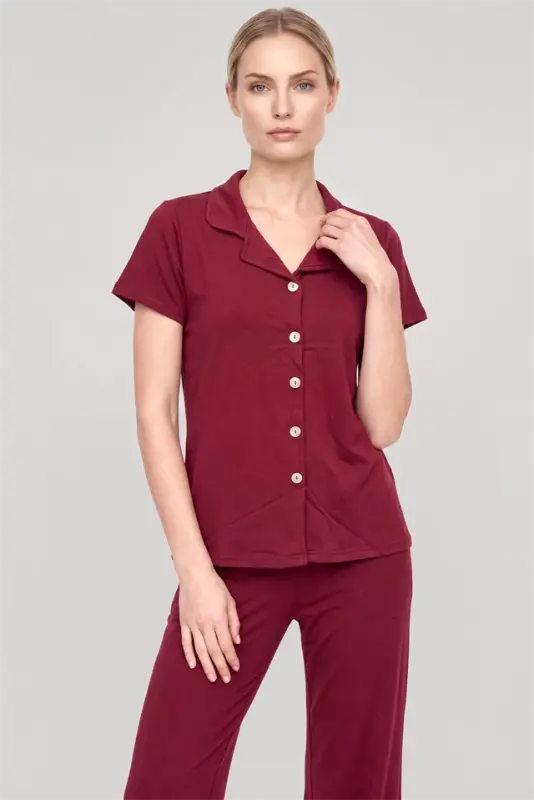 Akbeniz Women's Maroon Classic Shirt Collar Pajama Set - 2