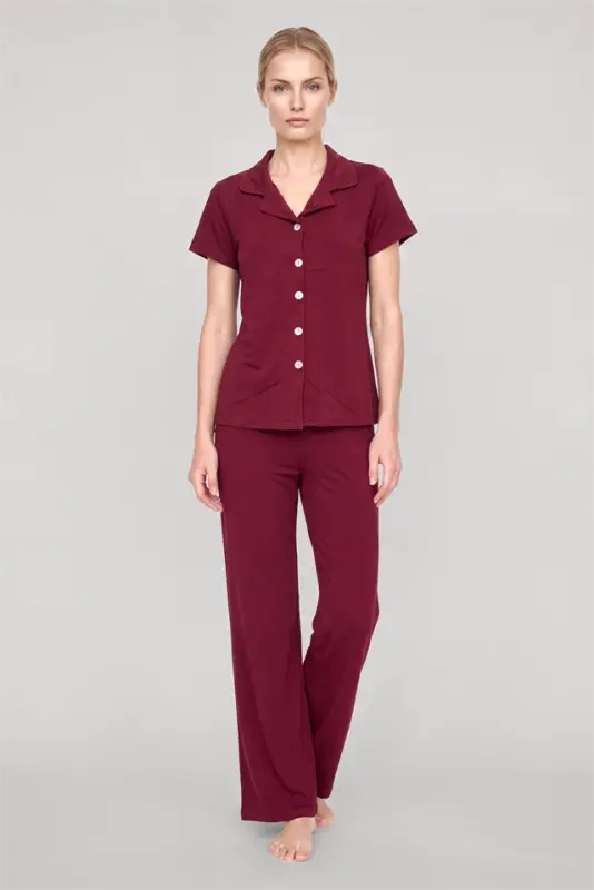 Akbeniz Women's Maroon Classic Shirt Collar Pajama Set - 3