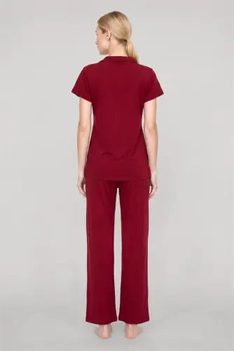 Akbeniz Women's Maroon Classic Shirt Collar Pajama Set - 4