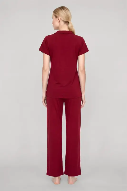 Akbeniz Women's Maroon Classic Shirt Collar Pajama Set - 4