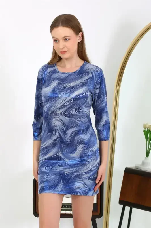 Akbeniz Women's Micro Fabric Mini Shiny Dress 7420 Blue - 2