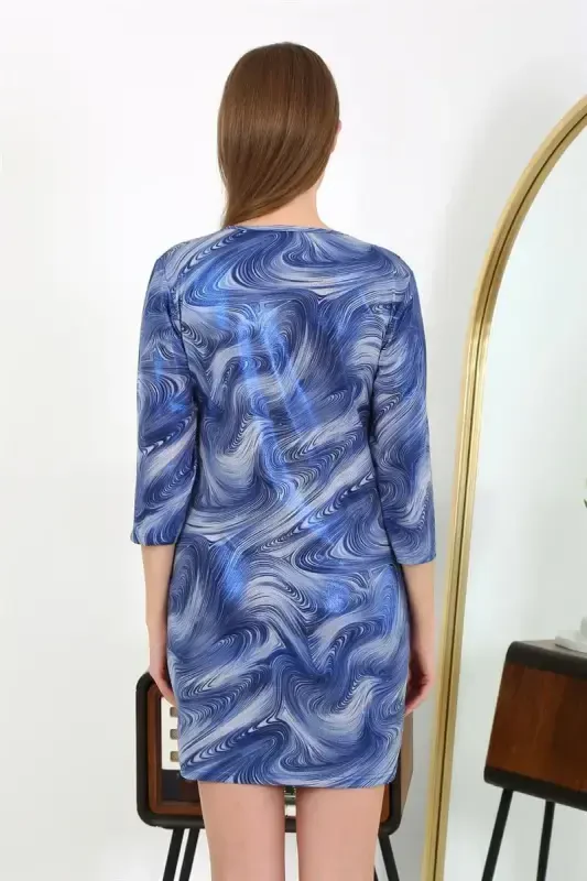 Akbeniz Women's Micro Fabric Mini Shiny Dress 7420 Blue - 3