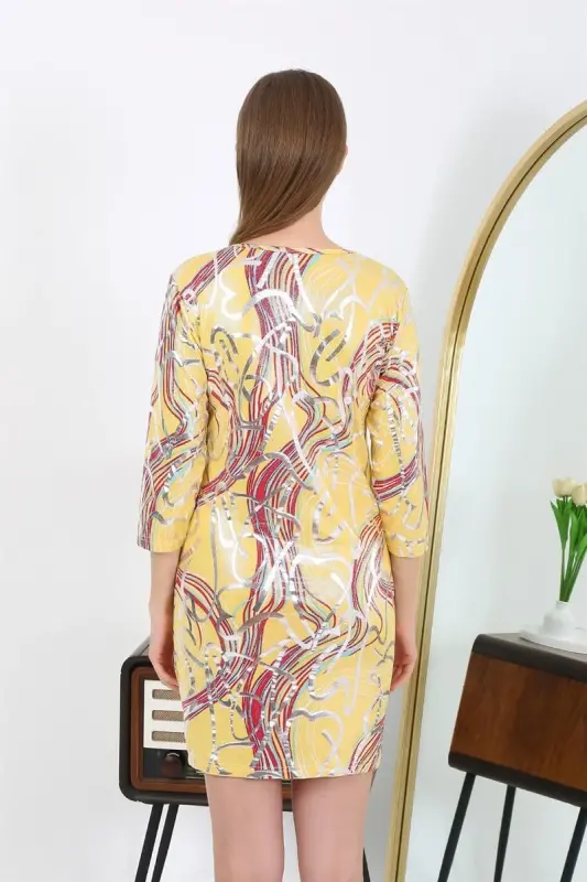 Akbeniz Women's Micro Fabric Mini Shiny Dress 7421 Yellow - 5