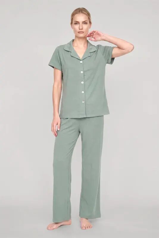 Akbeniz Women's Mint Green Classic Shirt Collar Pajama Set - 2