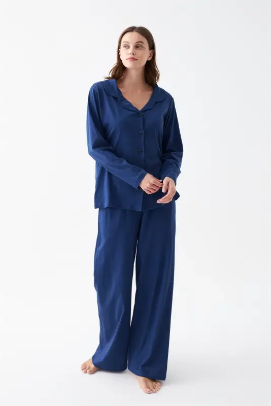 Akbeniz Women's Navy Blue Buttoned Collar Detailed Cotton Pajamas Set - 1