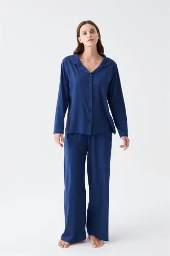 Akbeniz Women's Navy Blue Buttoned Collar Detailed Cotton Pajamas Set - 3