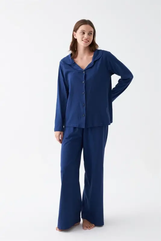 Akbeniz Women's Navy Blue Buttoned Collar Detailed Cotton Pajamas Set - 5