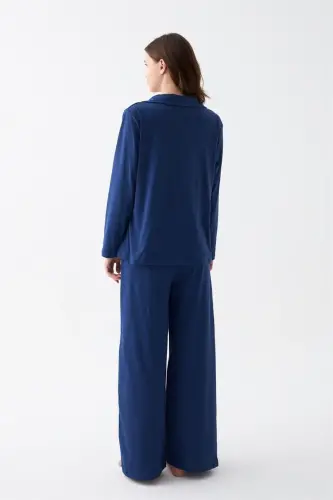 Akbeniz Women's Navy Blue Buttoned Collar Detailed Cotton Pajamas Set - 6
