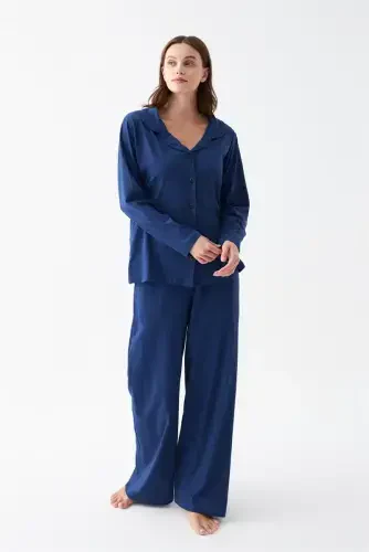 Akbeniz Women's Navy Blue Buttoned Collar Detailed Cotton Pajamas Set 
