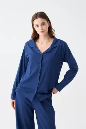 Akbeniz Women's Navy Blue Buttoned Collar Detailed Cotton Pajamas Set - 2