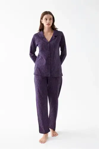 Akbeniz Women's Navy Blue Buttoned Collar Detailed Patterned Cotton Pajama Set 