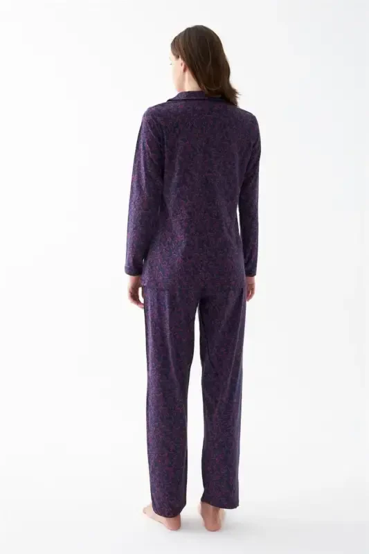 Akbeniz Women's Navy Blue Buttoned Collar Detailed Patterned Cotton Pajama Set - 5