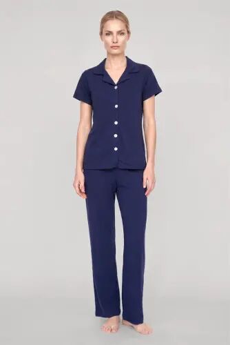 Akbeniz Women's Navy Blue Classic Collar Pajama Set - 1