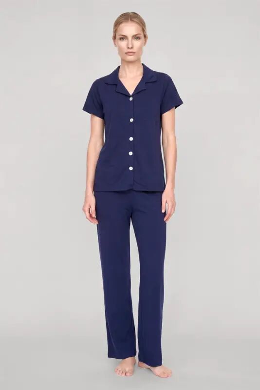 Akbeniz Women's Navy Blue Classic Collar Pajama Set - 1