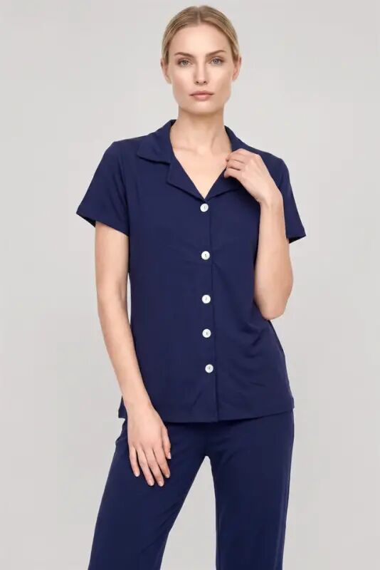 Akbeniz Women's Navy Blue Classic Collar Pajama Set - 2