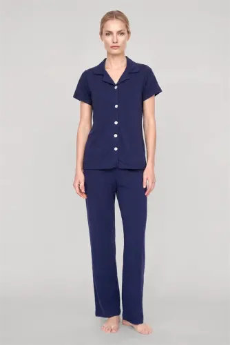 Akbeniz Women's Navy Blue Classic Shirt Collar Pajama Set - 1
