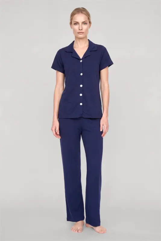 Akbeniz Women's Navy Blue Classic Shirt Collar Pajama Set - 1