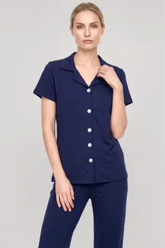 Akbeniz Women's Navy Blue Classic Shirt Collar Pajama Set - Akbeniz (1)
