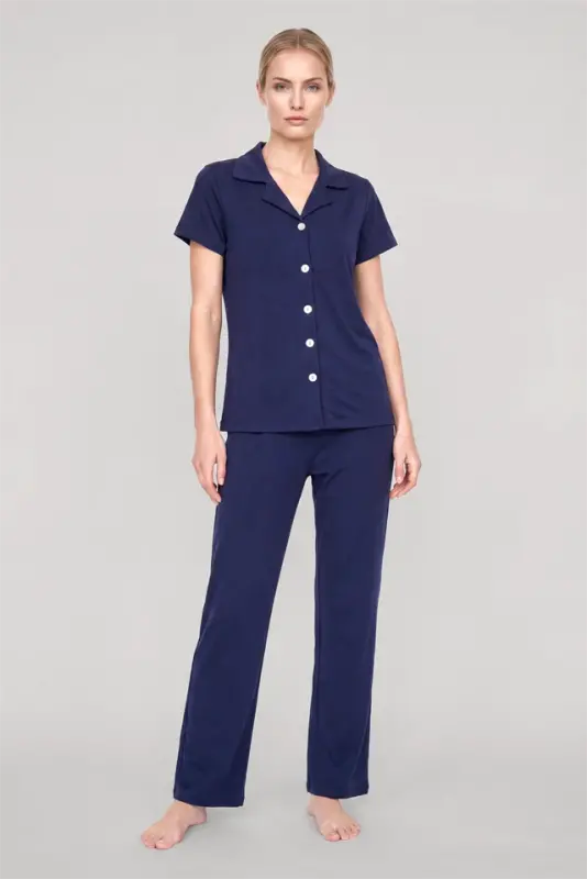 Akbeniz Women's Navy Blue Classic Shirt Collar Pajama Set - 3