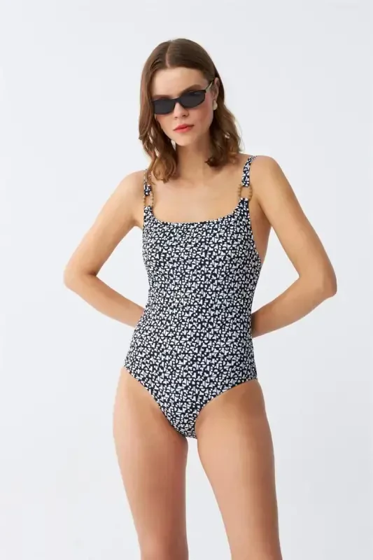 Akbeniz Women's Navy Blue Geometric Patterned Accessory Strap One Piece Swimsuit - 2