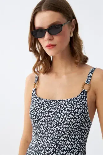 Akbeniz Women's Navy Blue Geometric Patterned Accessory Strap One Piece Swimsuit - 3