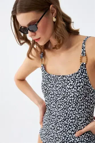 Akbeniz Women's Navy Blue Geometric Patterned Accessory Strap One Piece Swimsuit - 4