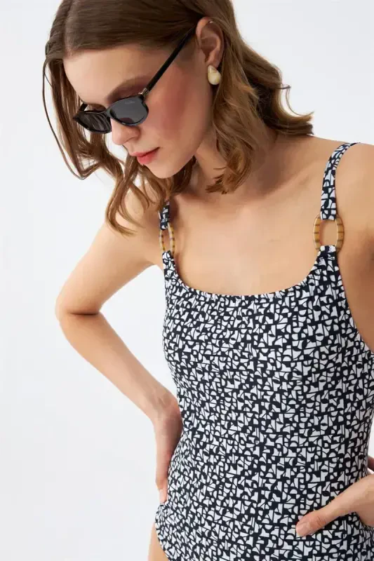 Akbeniz Women's Navy Blue Geometric Patterned Accessory Strap One Piece Swimsuit - 4