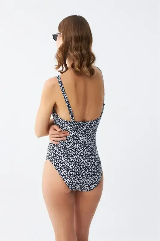 Akbeniz Women's Navy Blue Geometric Patterned Accessory Strap One Piece Swimsuit - 5