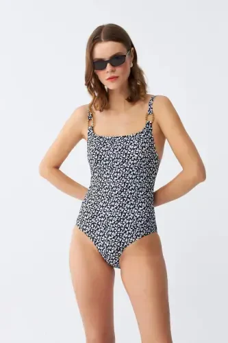Akbeniz Women's Navy Blue Geometric Patterned Accessory Strap One-Piece Swimsuit - BÜYÜKBEDENIZ (1)