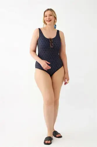 Akbeniz Women's Navy Blue Geometric Patterned Plus Size One-Piece Swimsuit - 2