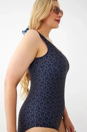 Akbeniz Women's Navy Blue Geometric Patterned Plus Size One-Piece Swimsuit - 3