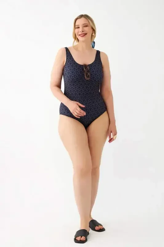Akbeniz Women's Navy Blue Geometric Patterned Plus Size One Piece Swimsuit - 2