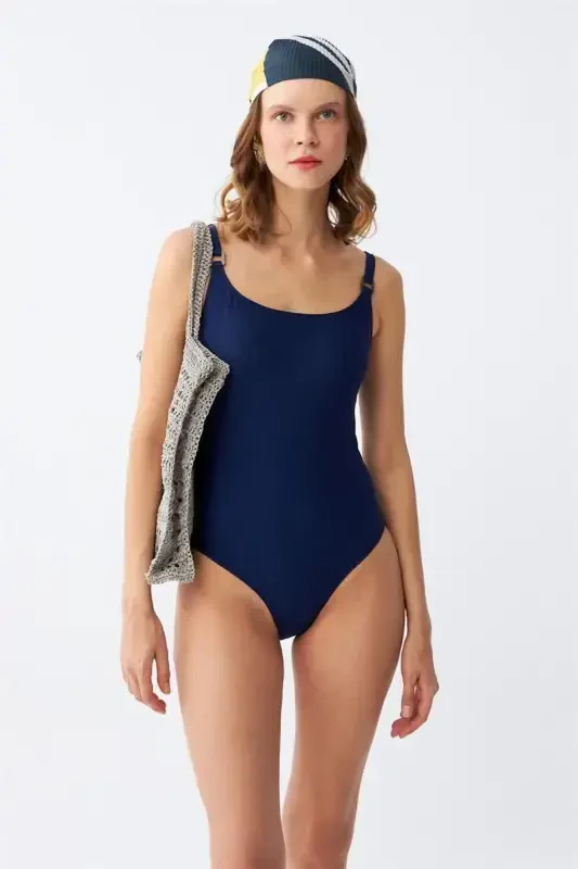 Akbeniz Women's Navy Blue Metal Accessory Thin Strap One-Piece Swimsuit - AKBENIZ